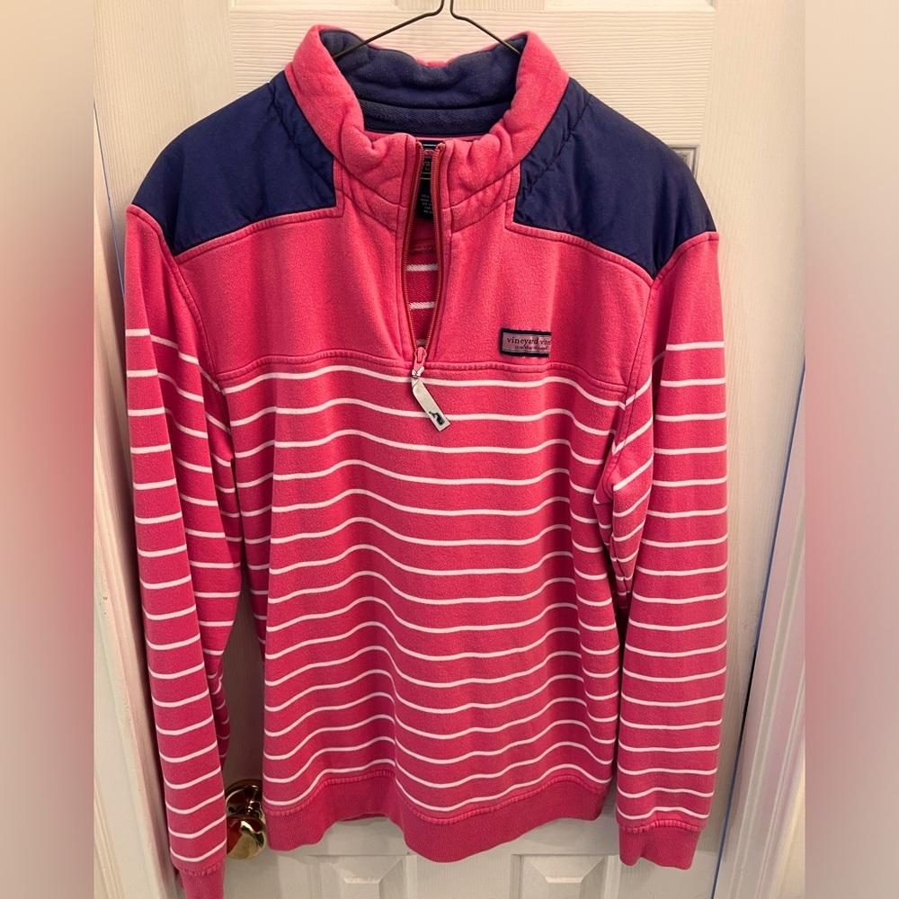 Vineyard Vines Mens Shepshirt Quarter Zip Pullover Striped Pink Blue Medium